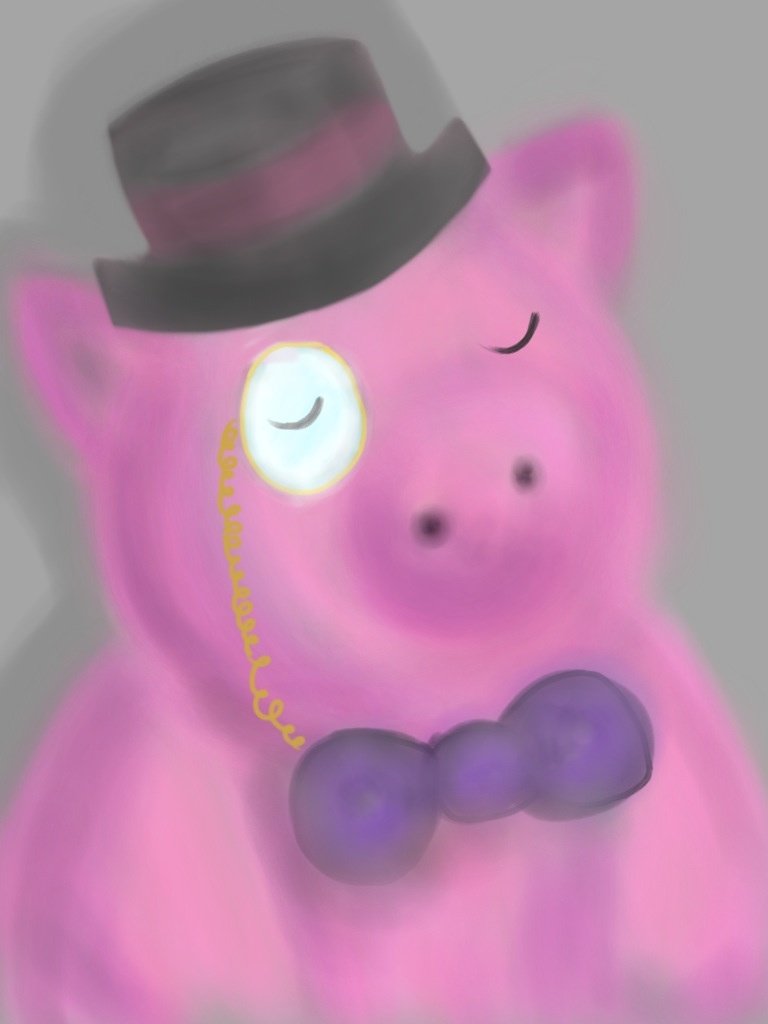 there is a picture of a pig with a hat and bowtie