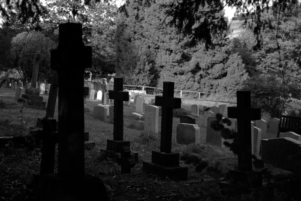 an old graveyard with a few headstones on it