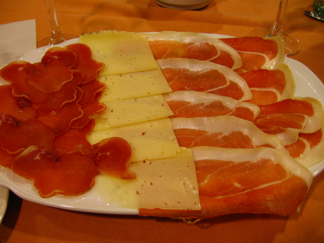 assorted meats and cheese are arranged on a plate