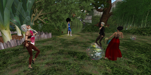 three virtual people walking through an open field