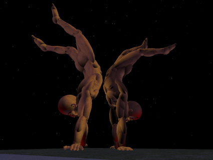 two  men are performing acrobatic poses together on a black background