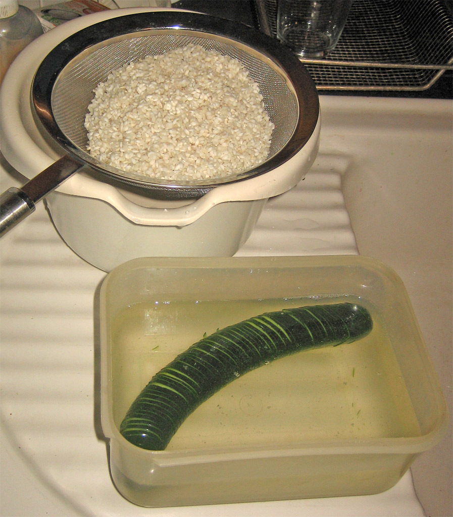 there is some food that includes rice and a green caterpillar