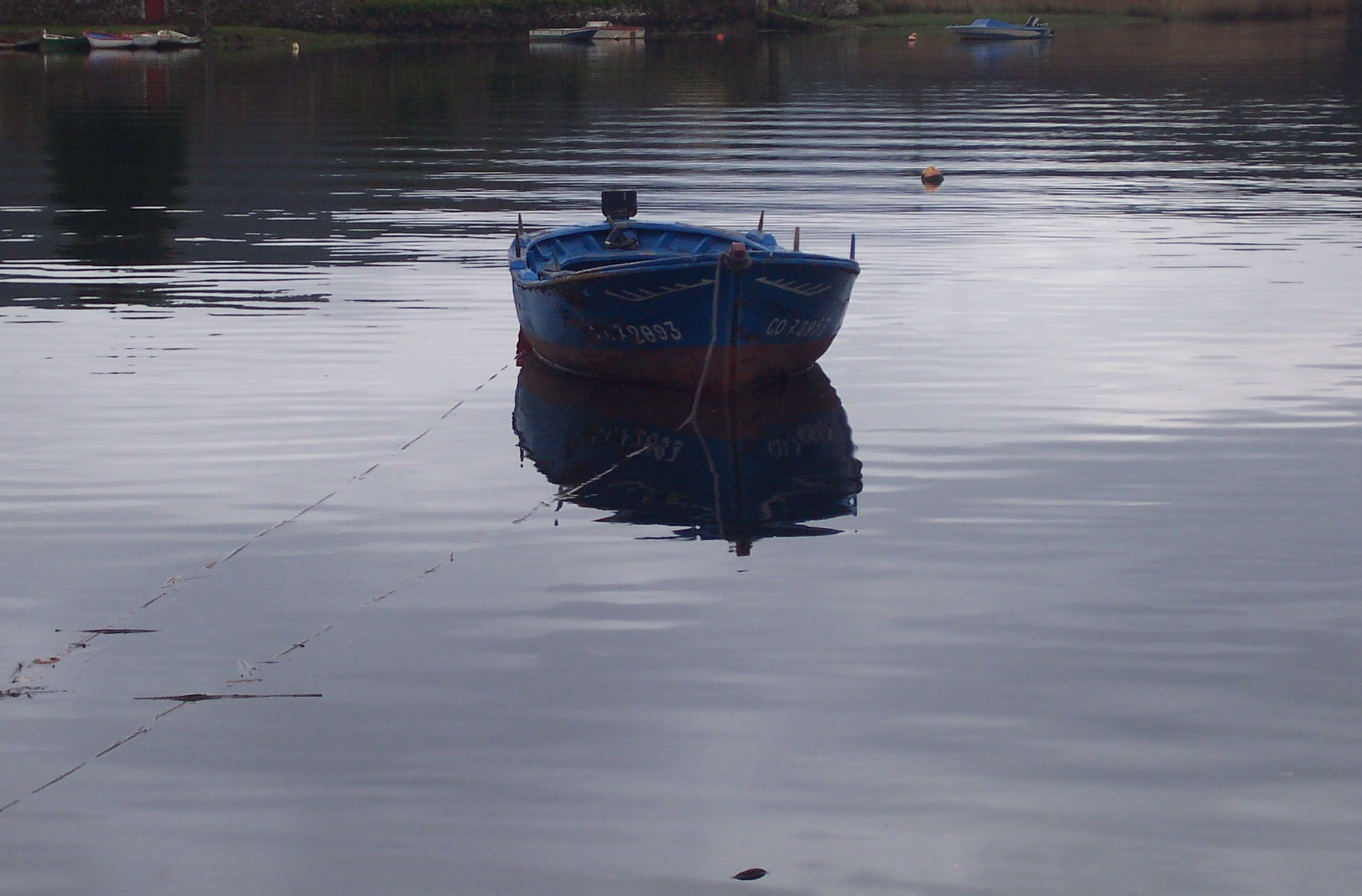 a small blue boat is in the calm lake