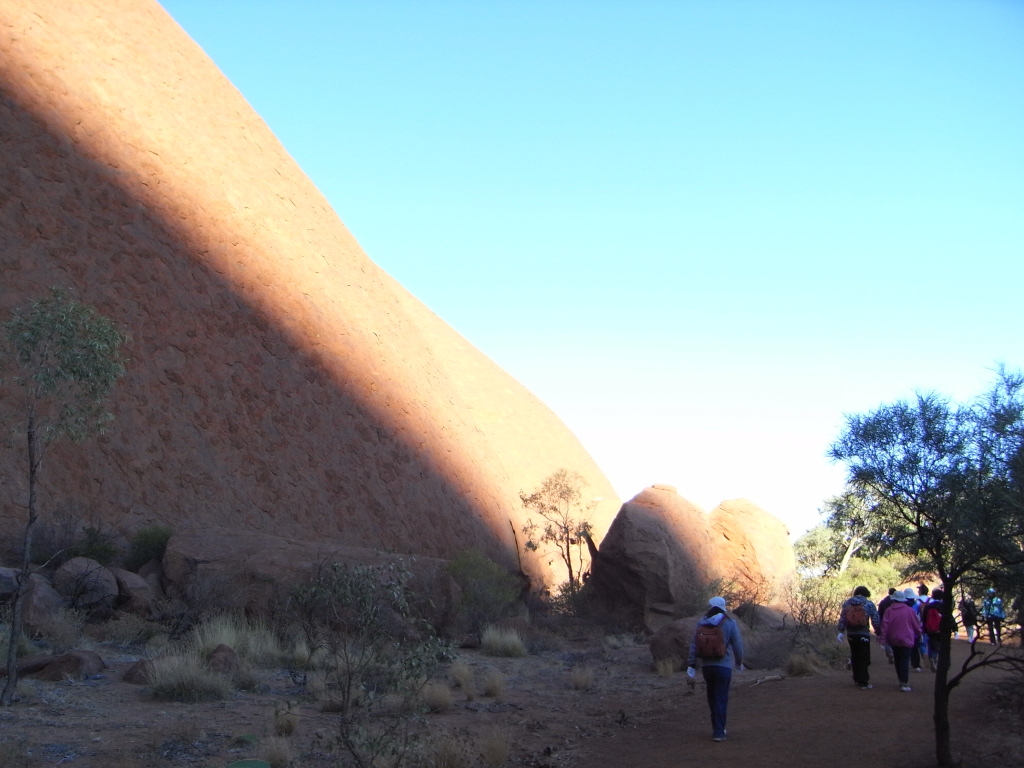 several people walking down the path with rocks on each side