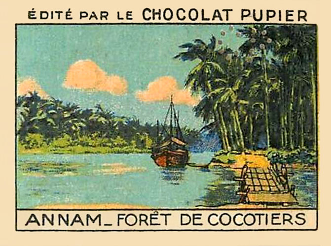 an old postage card shows an island, boats, and palm trees