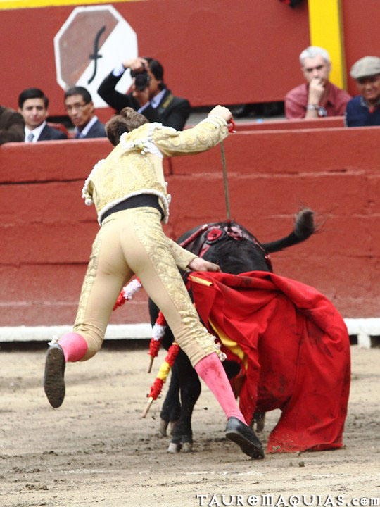 a person is in the air near a bull