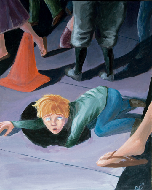 there is a painting of a boy lying on the ground