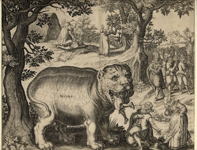 an illustration from a medieval story showing the birth of an animal, an hippo