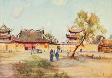 painting of a group of asian men standing near a pagoda