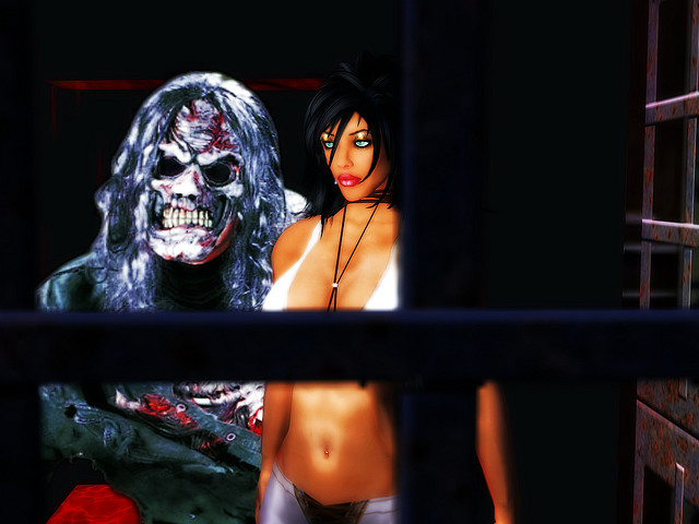 a 3d image of two women and a creepy monster behind bars