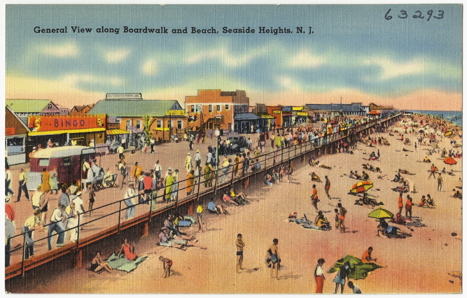 this postcard shows people standing on the beach