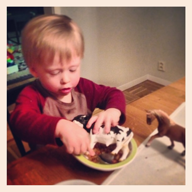 there is a small boy eating cake with a toy horse