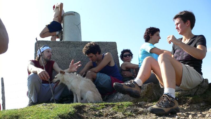 there are many people sitting on the ground petting a dog
