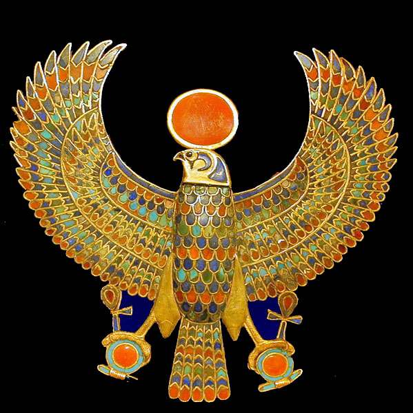 a stylized image of an egyptian eagle with orange eyes and tail like wings