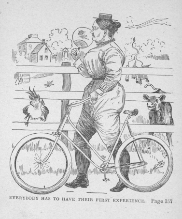 a drawing shows an old man holding a bicycle