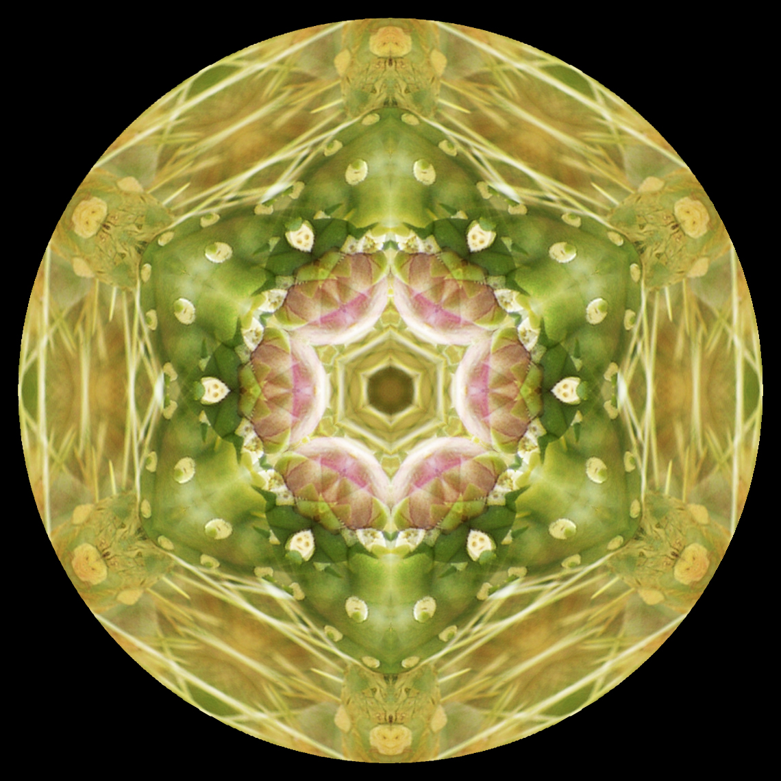 a green flower in the center of a circular shape