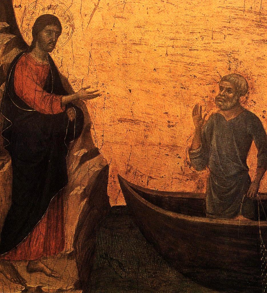 a painting with a man standing next to an angel on a boat
