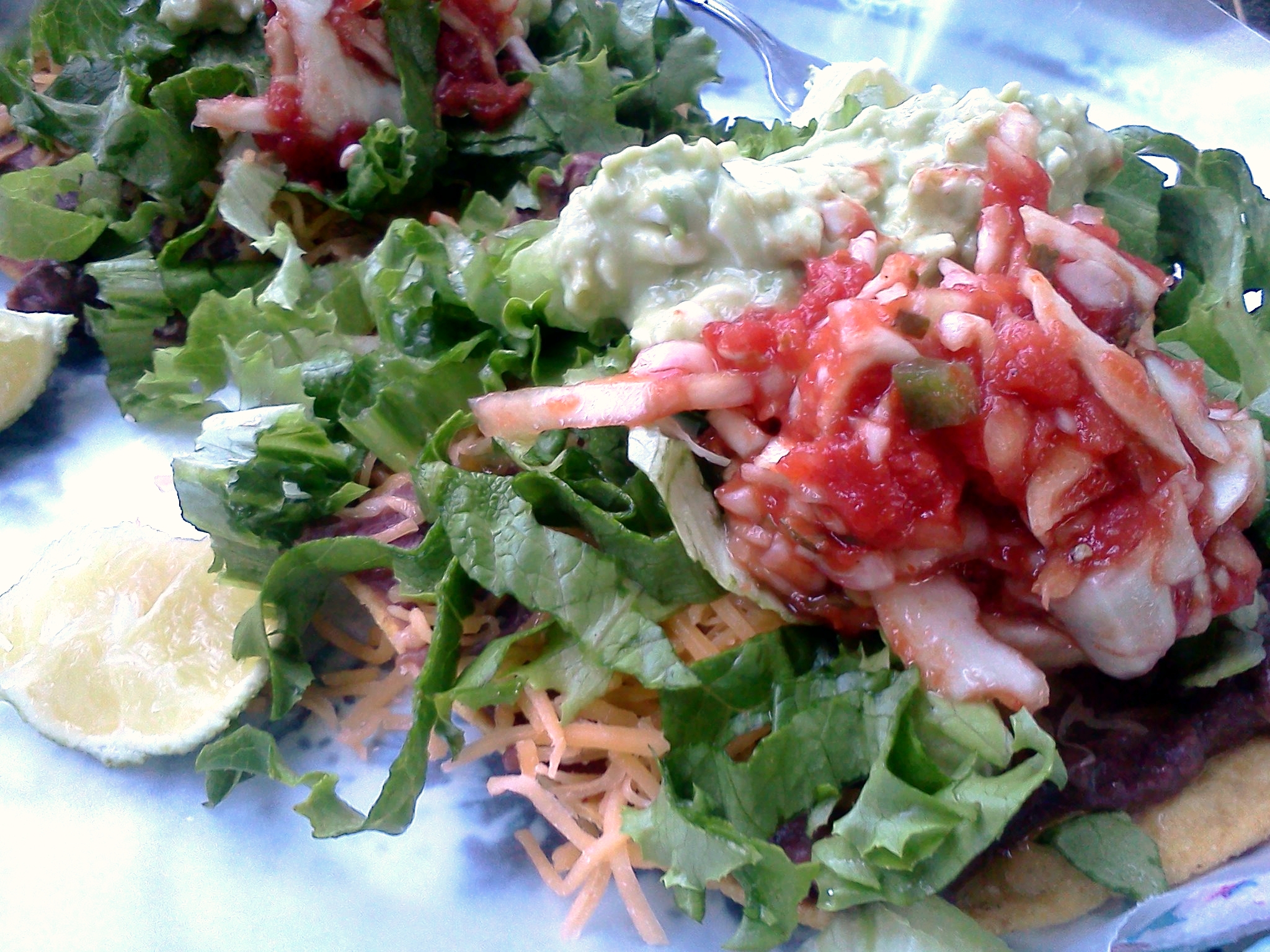 salad with tortilla crusts on a white plate