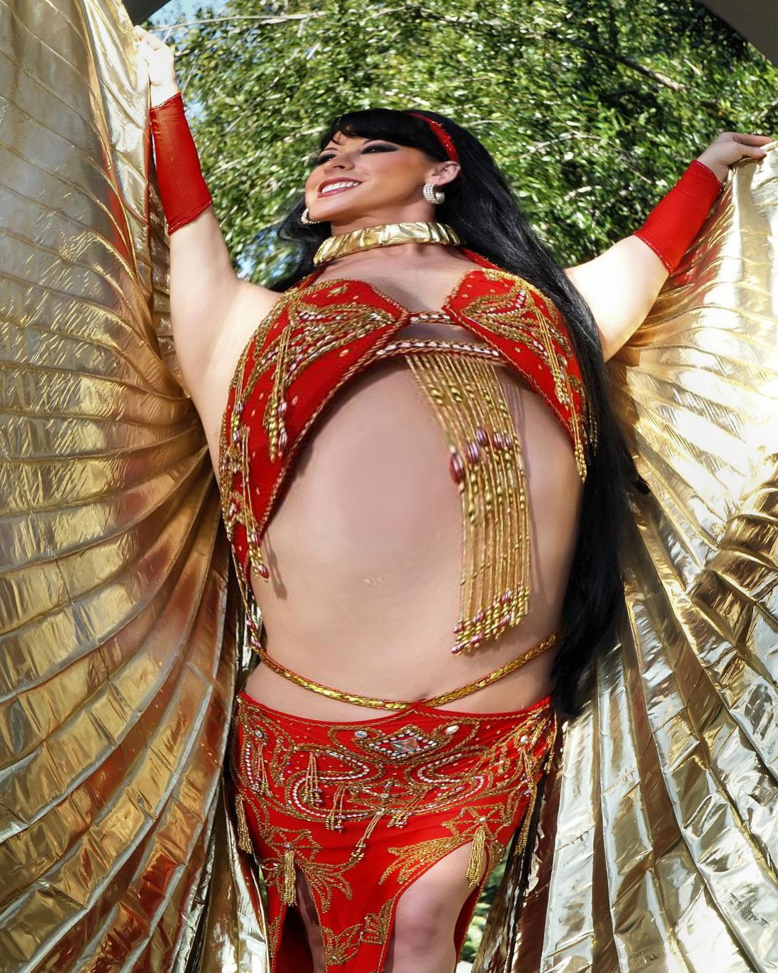 a woman in a costume with wings and fringes