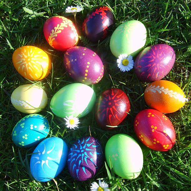 an array of painted eggs on a grassy lawn