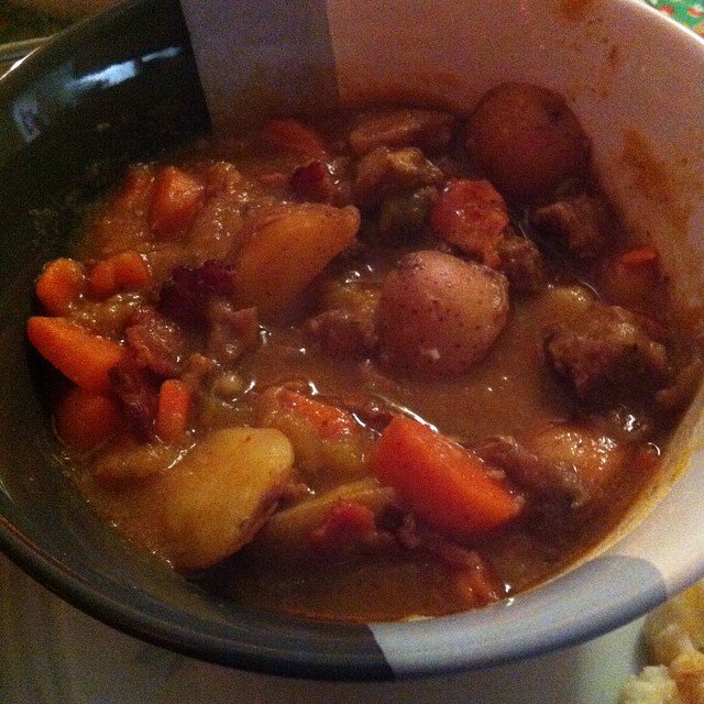 stew in a pot with vegetables and potatoes