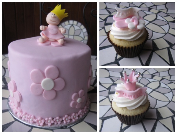 four different pictures of cupcakes with a princess's dress on top