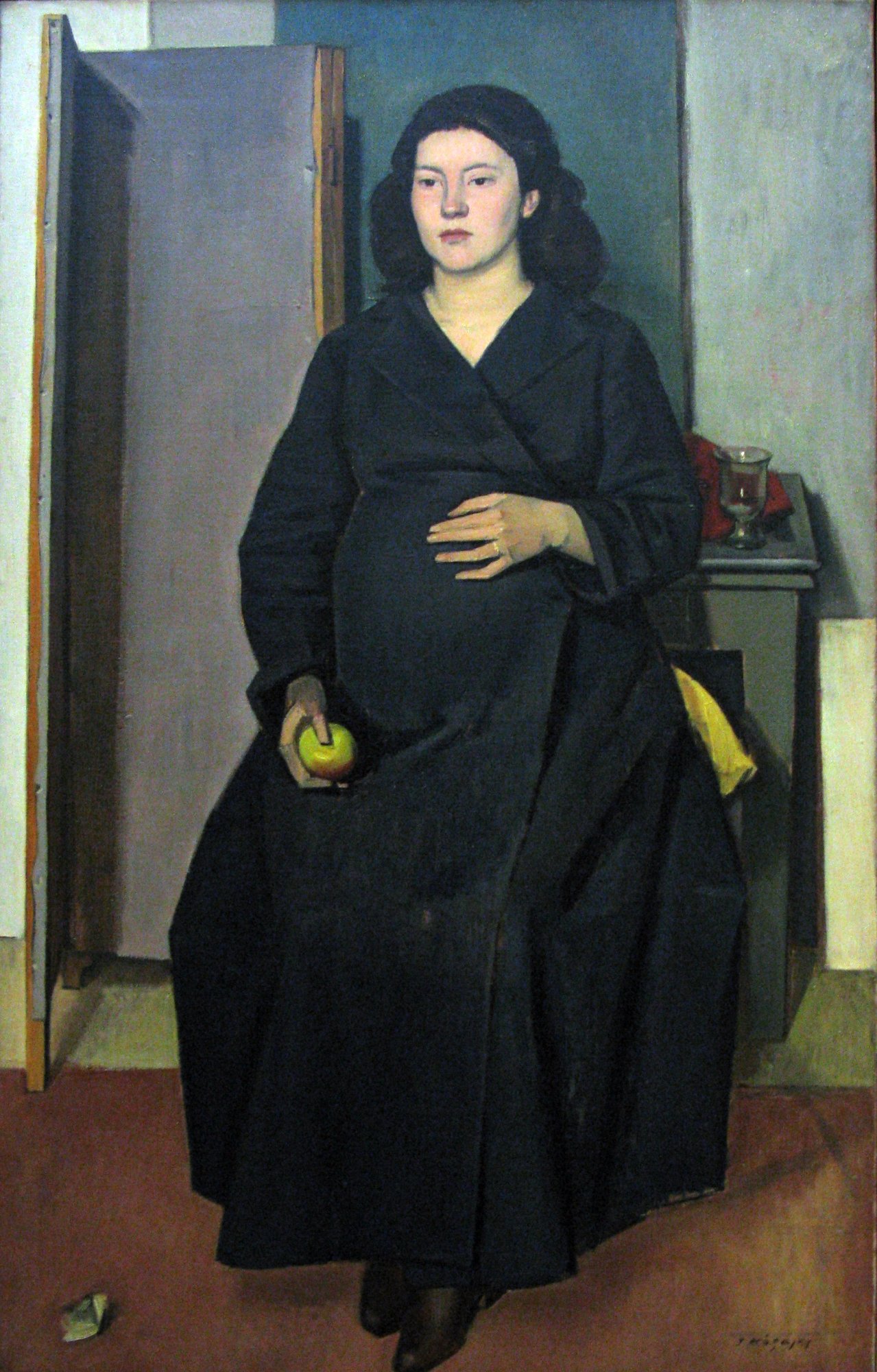 a painting of a pregnant woman sitting and holding an apple