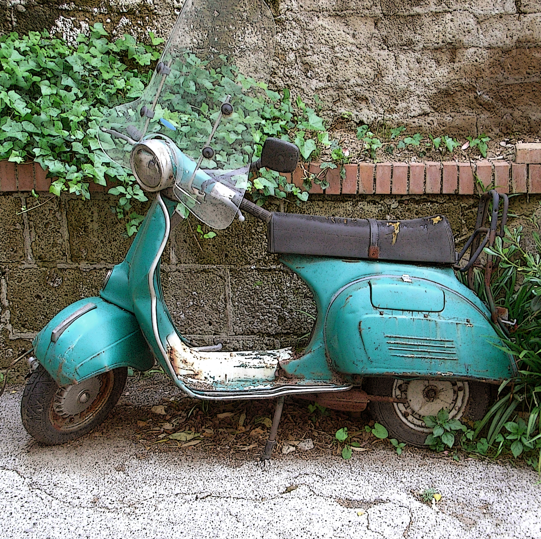 a scooter with its passenger seat up is parked outside by the wall