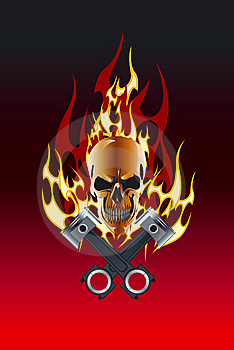 skull with flaming background holding two crossed guns