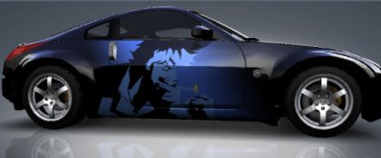 a blue car is shown with the painting of anime characters