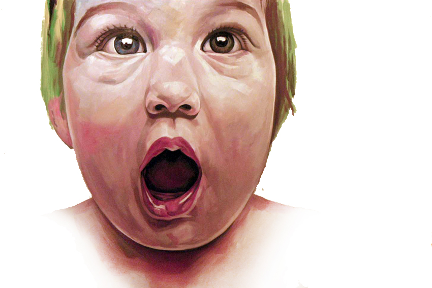 a painting of a toddler wearing green hair