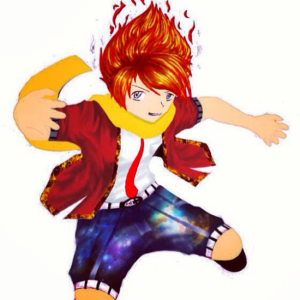 a drawing of a boy with red hair and wearing a blazer, vest, shirt, and pants