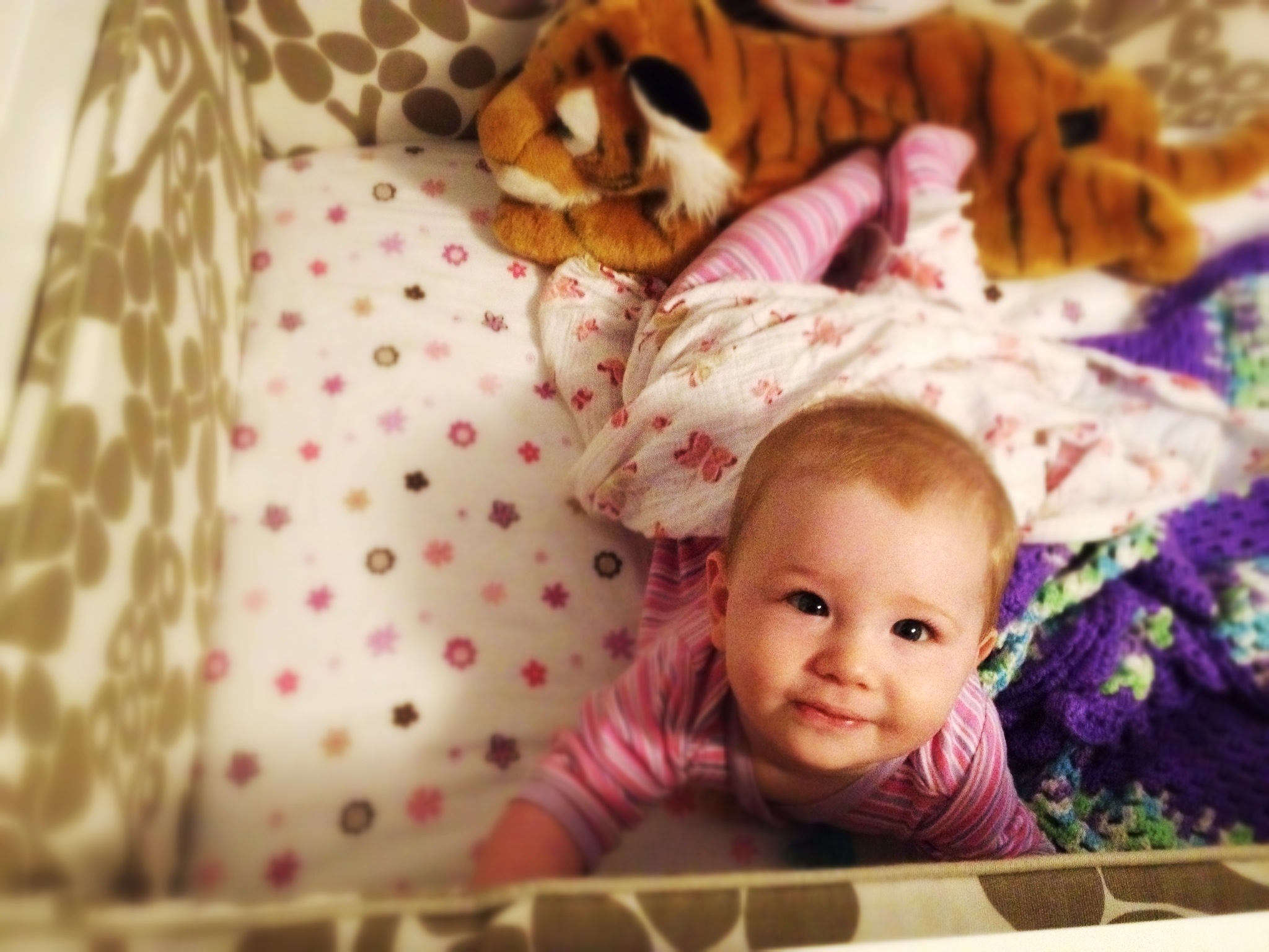 a baby in a crib with stuffed toys