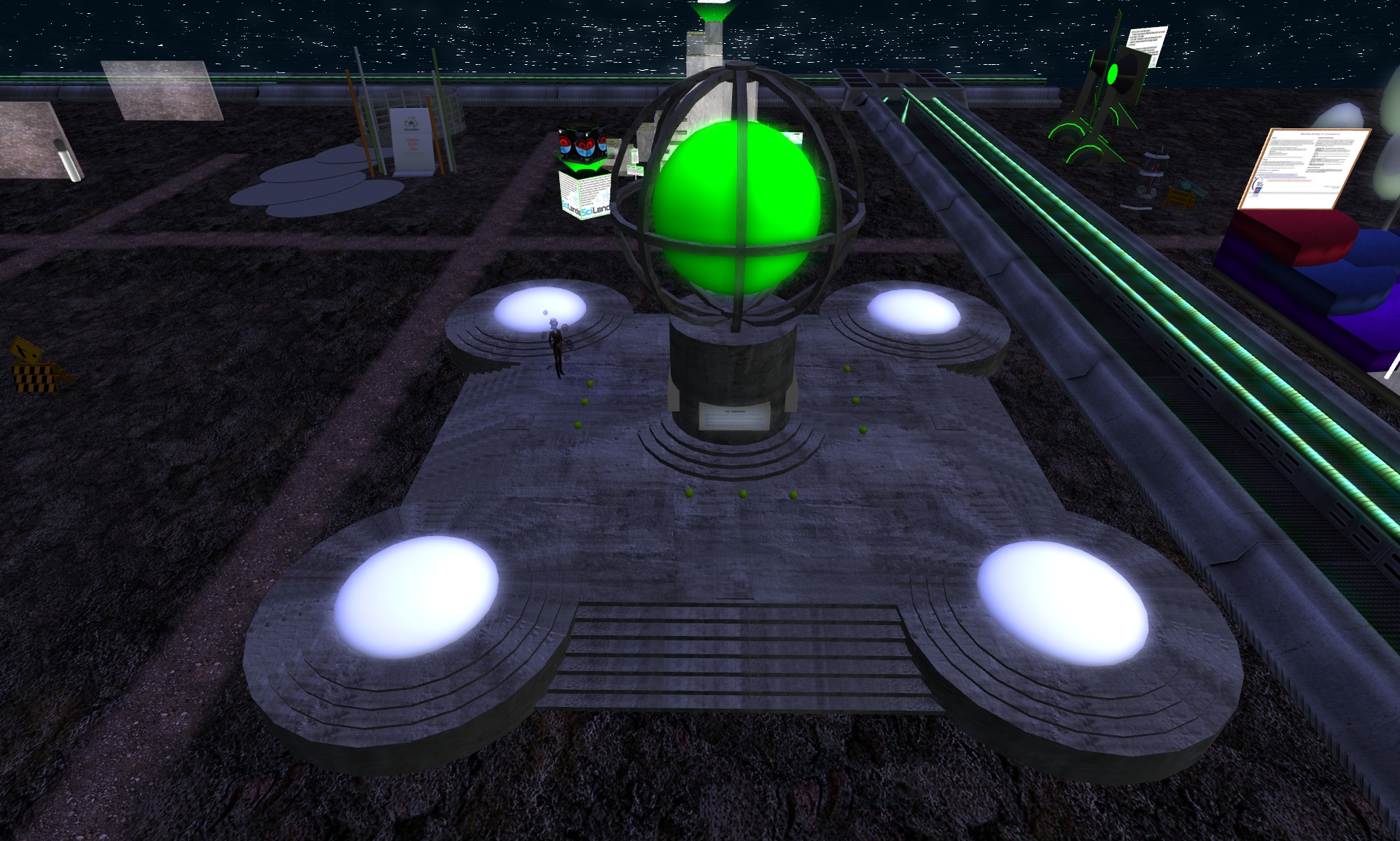 a green alien sitting in the middle of a large, dimly lit area