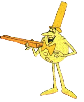 a yellow cartoon figure with an orange hat holding a gun
