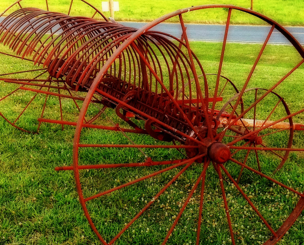 a large rusted down wheel laying in grass