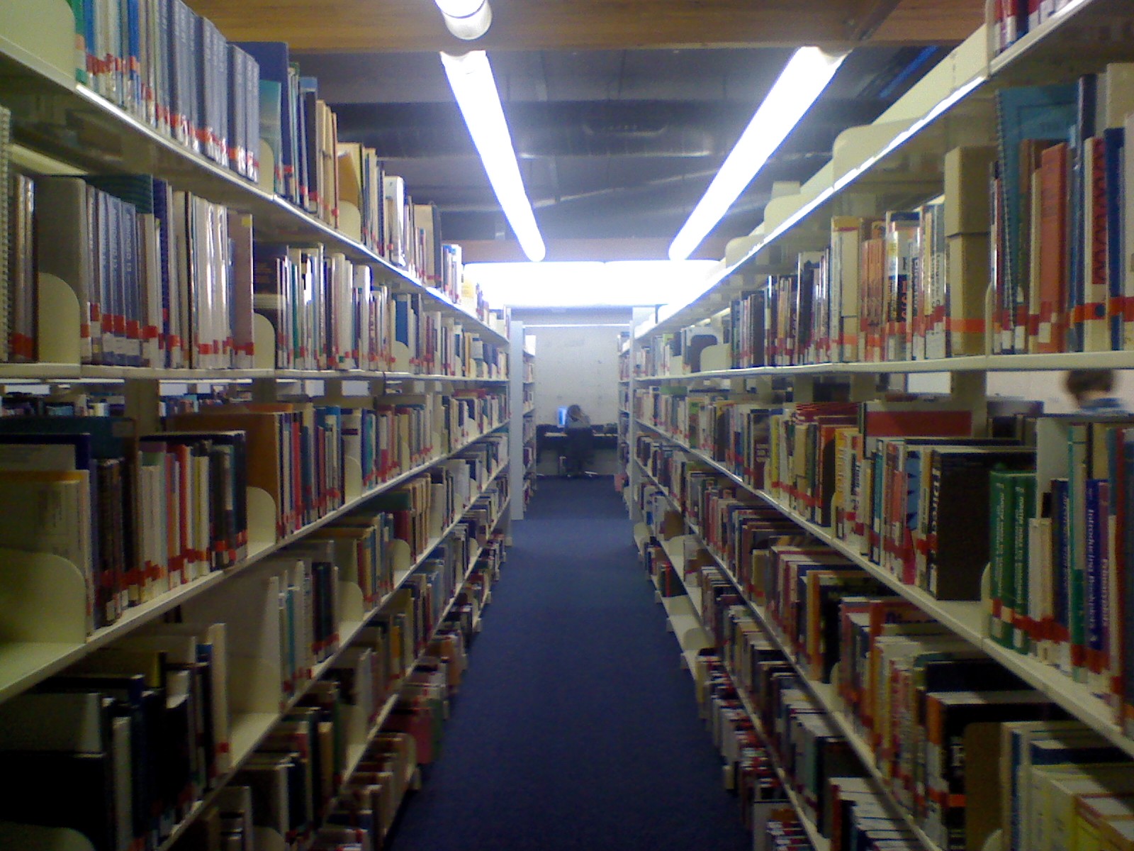 a row of book shelves with a person sitting in between