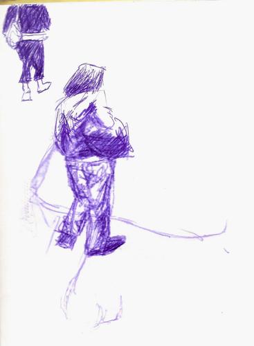 the picture shows a purple pencil drawing of two people