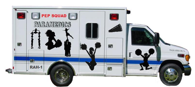 an ambulance with a sticker on it, with some silhouettes on the side