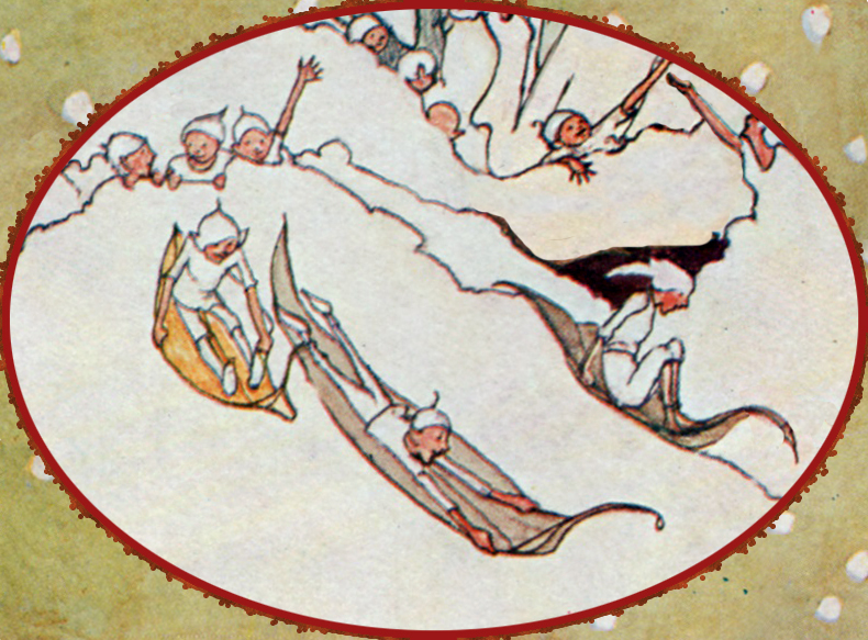 an illustrated painting showing a man skiing and people skiing on hill