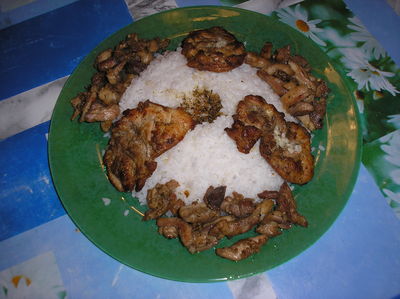a green plate topped with rice and meat