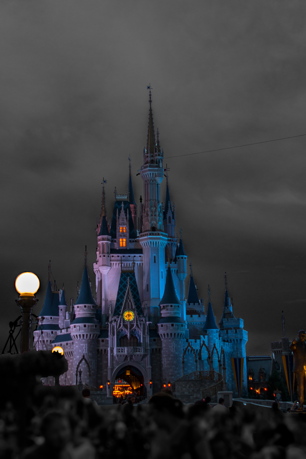 a blue castle that is in the night