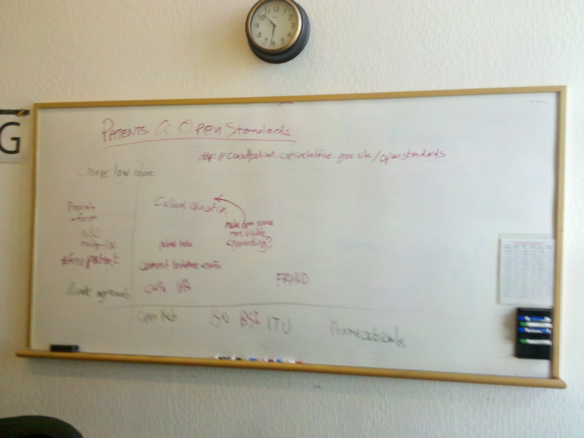 the white board has writing and a clock