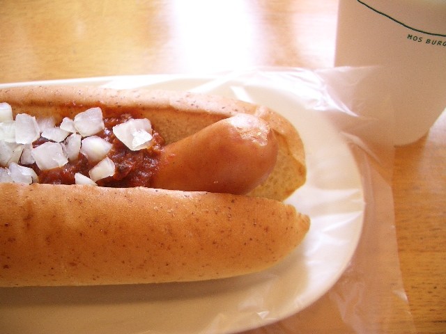 the large  dog has onions and ketchup on it