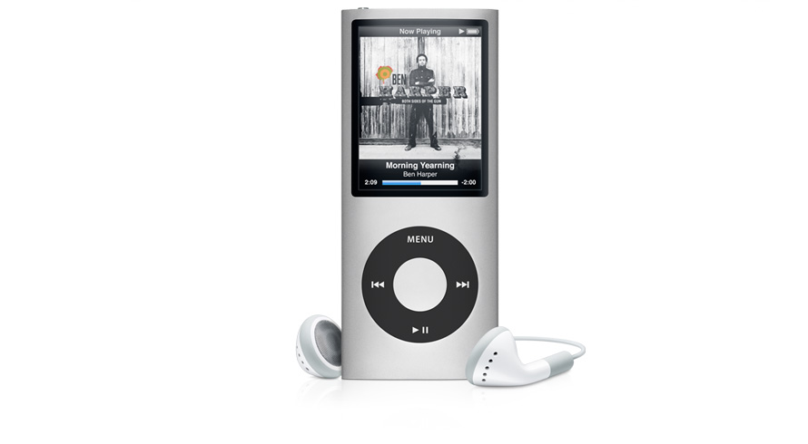 an old ipod with ear buds and an mp3 player
