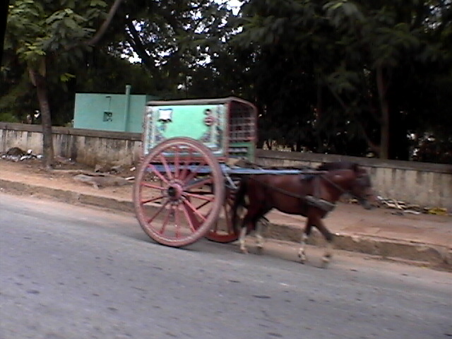 there is a horse pulling a wagon on the side of a road