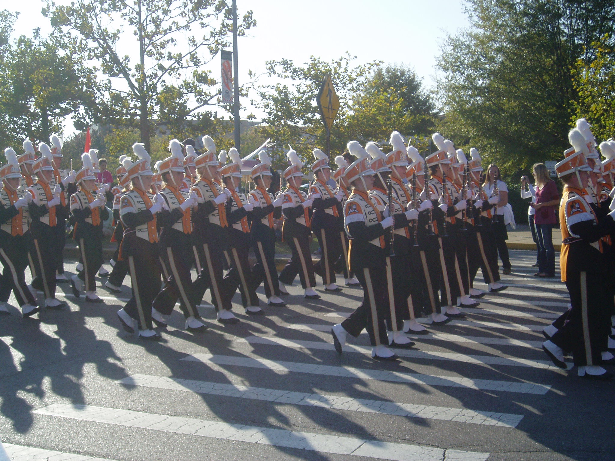 many people wearing costumes on stage are marching