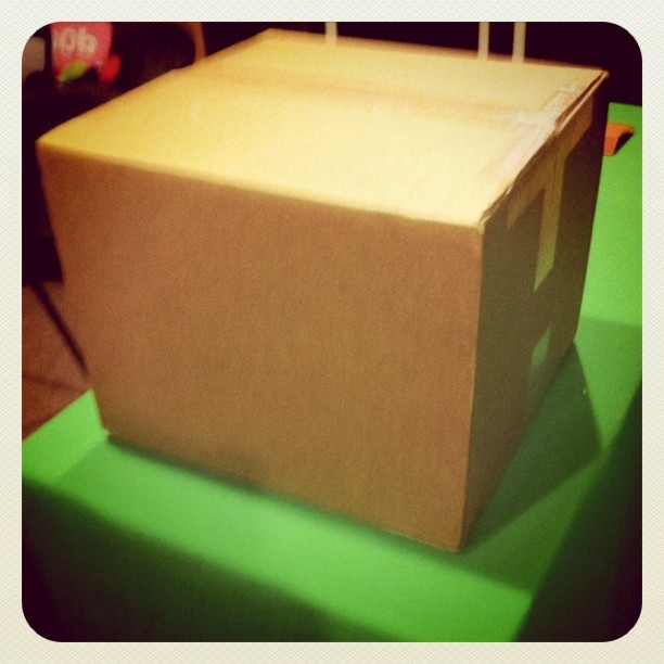 a brown cardboard box sitting on top of a green table