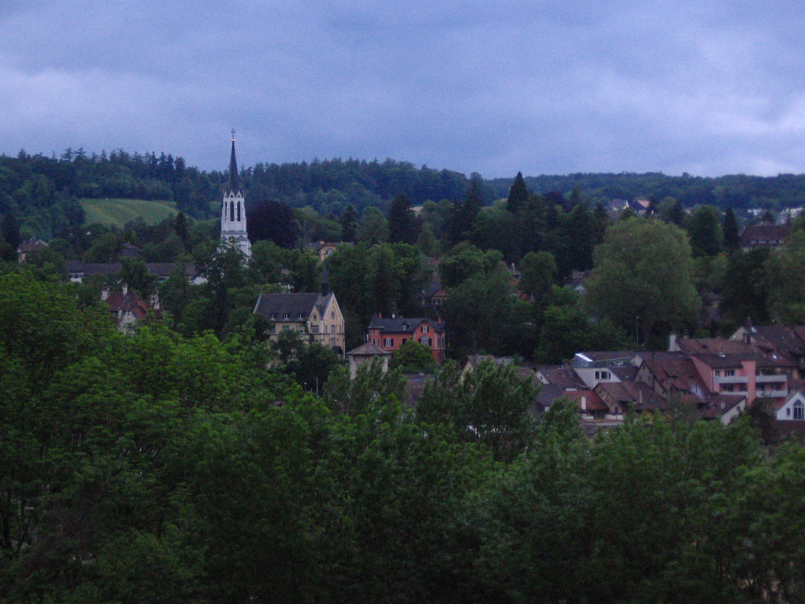 a town with a steeple on top and trees surrounding it