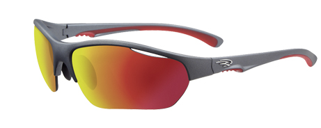 red and gray sunglasses with gold lens on the top of each one